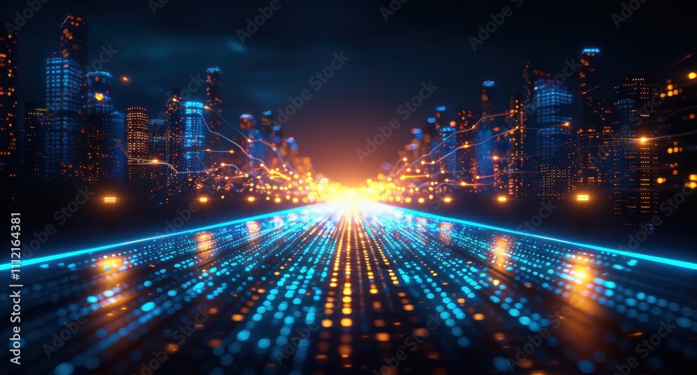 A city skyline is lit up with neon lights and the road is filled with cars A city skyline is lit up with neon lights and the road is filled with cars