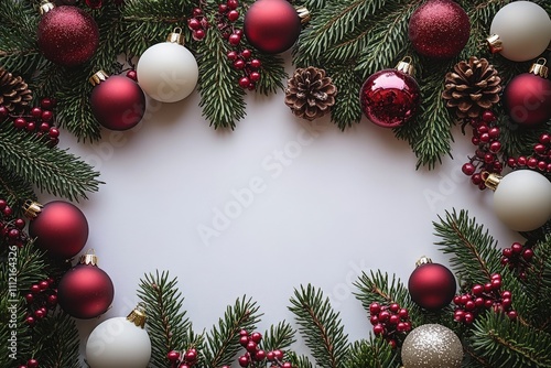 Festive Christmas border with red and white ornaments, pine branches, and berries on a white background. Perfect for holiday cards, invitations, and advertisements.