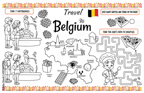 A fun placemat for kids. Printable “Travel to Belgium” activity sheet with a labyrinth and find the differences. 17x11 inch printable vector file