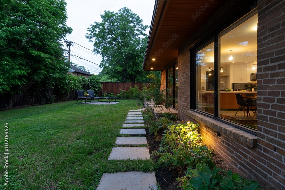 Cozy home exterior with a garden and patio at dusk. Cozy home exterior with a garden and patio at dusk.