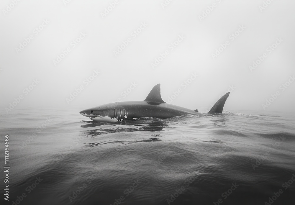 Fototapeta premium Majestic Great White Shark Swimming in Foggy Waters Captured in Stunning Black and White Photography for Marine Life Enthusiasts and Nature Lovers