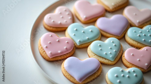 3D Realistic Pastel Heart-Shaped Sugar Cookies with Icing Arranged Neatly on White Plate photo