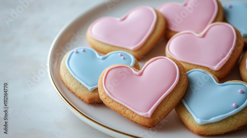 Delicious Heart-Shaped Sugar Cookies in Pastel Icing on White Plate with Space for Text photo