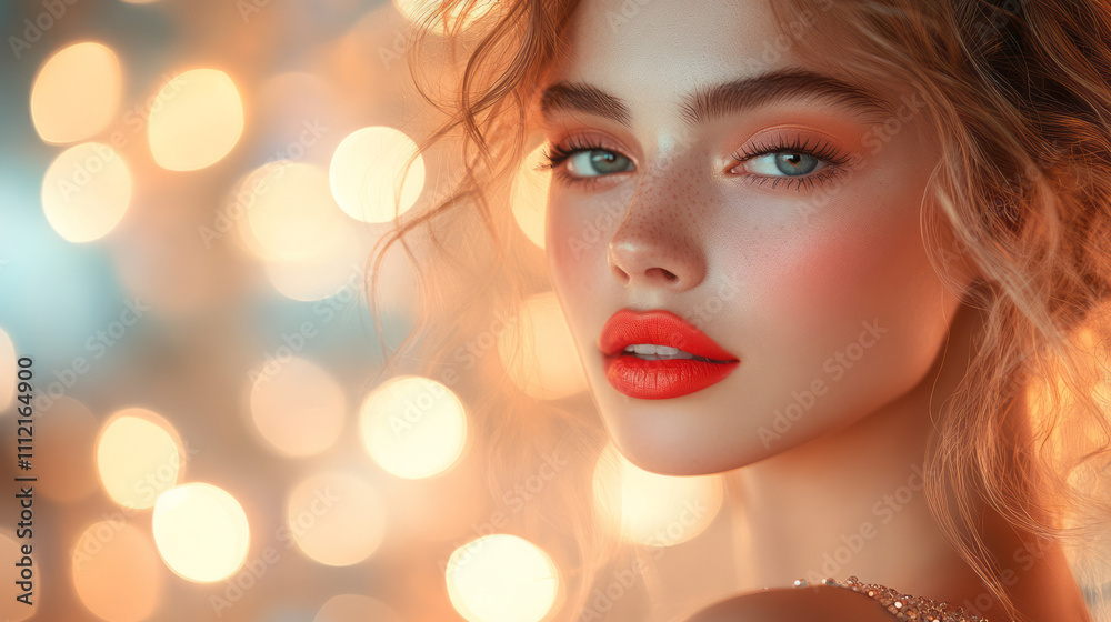 A glamorous woman applying bright lipstick in front of a vanity with glowing bulbs, her teased hair and metallic dress reflecting the essence of 80s nightlife, A glamorous woman applying bright lipstick in front of a vanity with glowing bulbs, her teased hair and metallic dress reflecting the essence of 80s nightlife,