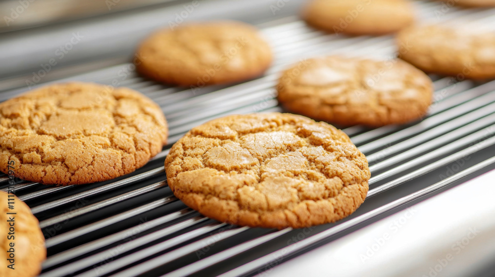 Food factory. Freshly baked cookies cooling on a wire rack, showcasing a golden-brown color and a textured surface. Food factory. Freshly baked cookies cooling on a wire rack, showcasing a golden-brown color and a textured surface.