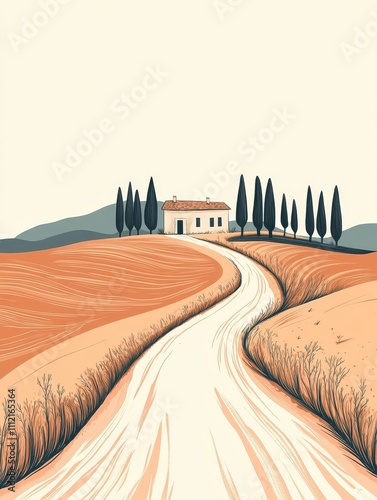 Minimalist line drawing graphics a flat illustration of a countryside path lined with trees leading to a distant farmhouse simple lines vector art style a warm color palette detailed design photo