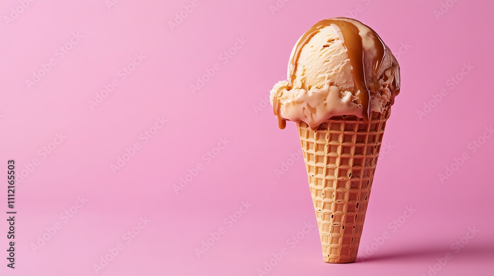 A scoop of vanilla ice cream topped with caramel sauce in a waffle cone on a pink background. A scoop of vanilla ice cream topped with caramel sauce in a waffle cone on a pink background.
