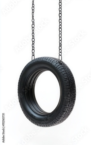 A black tire swing hanging from a chain, isolated against a pure white background photo