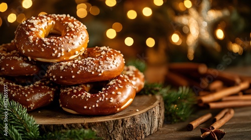 Rustic table setting featuring pretzel sandwiches, cinnamon sticks, and twinkling lights in the background