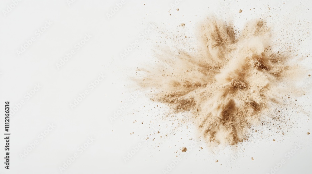 A realistic sand explosion with fine grains bursting outward in intricate and dynamic patterns, each grain detailed with soft shading, set against a pure white background to create a natural and A realistic sand explosion with fine grains bursting outward in intricate and dynamic patterns, each grain detailed with soft shading, set against a pure white background to create a natural and
