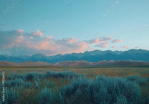 Majestic Landscape with Distant Mountains and Rolling Sand Dunes Under a Soft Blue Sky at Sunset, Capturing the Serenity of Nature in Vibrant Colors