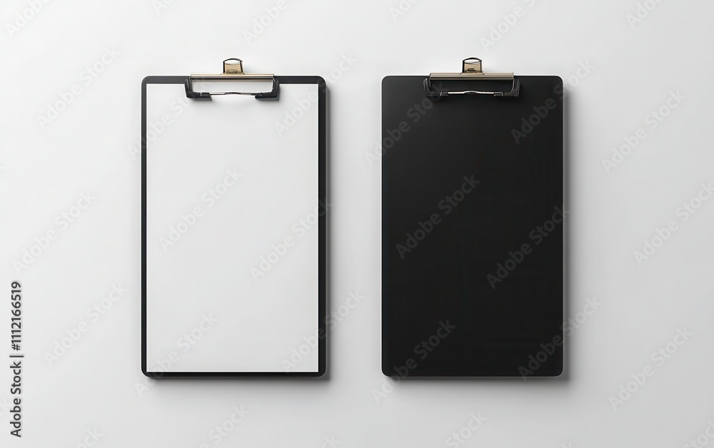 A photorealistic depiction of two clipboards placed side by side, one with a plain white sheet and the other a black paper A photorealistic depiction of two clipboards placed side by side, one with a plain white sheet and the other a black paper