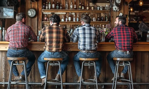 Four Men in Jeans and Plaid Shirts Sitting on Bar Stools at a Rustic Wooden Bar