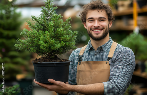  happy man holding a black pot with a young pine tree in a garden center