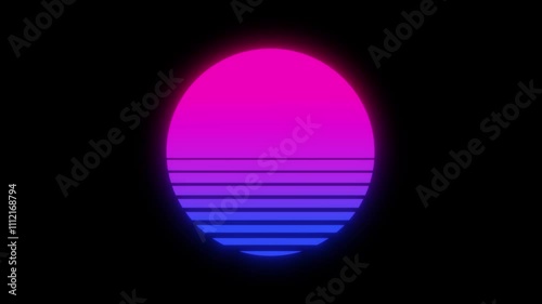 Retro synthwave sun. Vaporwave, retrowave 80´s 90´s glowing neon purple, blue, sunset motion video background, 4k