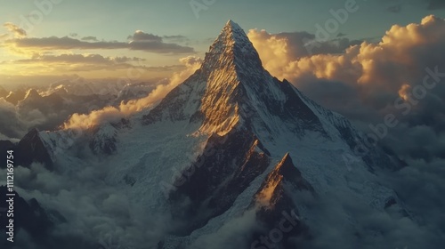 Majestic Snow-Capped Mountain Peak Bathed in Golden Sunrise, Surrounded by Soft Clouds and Dramatic Sky, Evoking a Sense of Tranquility and Wonder