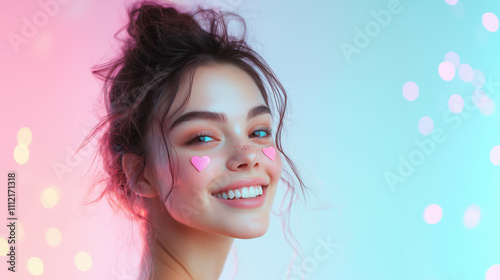 Joyful woman with pink heart stickers on her face, radiating positivity on a soft pastel background.
