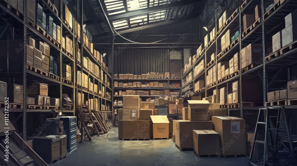 A digital art masterpiece of an expansive warehouse interior with towering shelves and precisely arranged cardboard boxesdcc5259a29d0 A digital art masterpiece of an expansive warehouse interior with towering shelves and precisely arranged cardboard boxesdcc5259a29d0