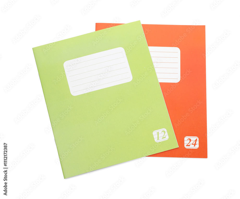 Colorful copybooks isolated on white, top view. School stationery Colorful copybooks isolated on white, top view. School stationery
