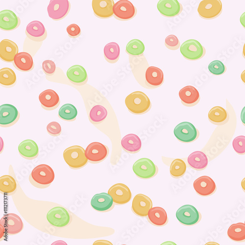 Breakfast cereal ring cornflakes in different flavors and colors. Seamless pattern with milk. Colorful cereal breakfast background, cornflakes with milk. Vector illustration