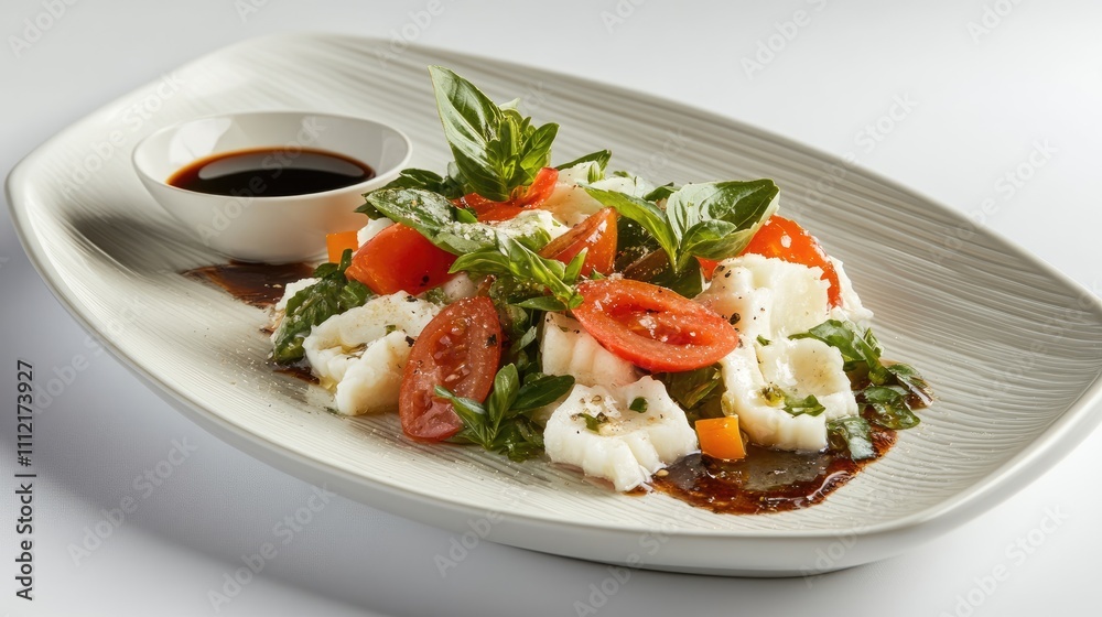 Fresh Salad with Tomatoes and Basil on Elegant White Plate Fresh Salad with Tomatoes and Basil on Elegant White Plate