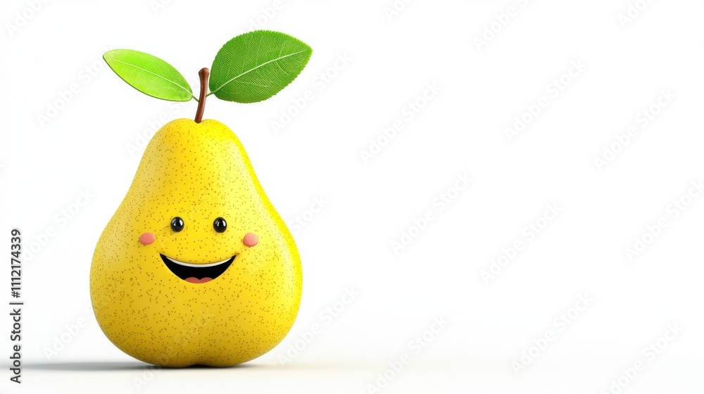 Cute Smiling Pear Fruit Character with Green Leaves against White Background Cute Smiling Pear Fruit Character with Green Leaves against White Background