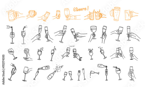 Large set of hands with champagne glasses, glass of beer, wine glasses, champagne bottles and glasses. Cheers. Alcoholic drinks. Great for bar menu, banner, holiday, wedding, celebration. Hand drawn