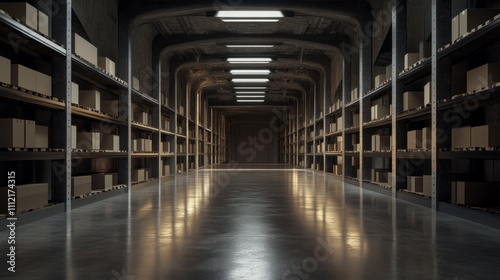 A large warehouse space rendered in ultrarealistic detail, featuring symmetrical shelves of cardboard boxes and polished concrete floors