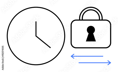 Clock showing 3 oclock next to padlock with left-right arrows. Ideal for time management, security, planning, logistics, workflow optimization, productivity, deadlines. Line metaphor