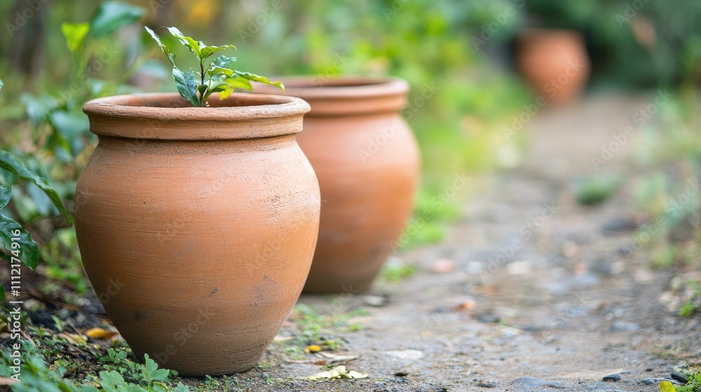 Terracotta Pots with Green Plants Along a Tranquil Garden Pathway Terracotta Pots with Green Plants Along a Tranquil Garden Pathway