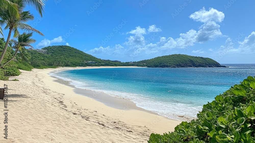 Serene Tropical Beach with Turquoise Water and Lush Greenery Serene Tropical Beach with Turquoise Water and Lush Greenery