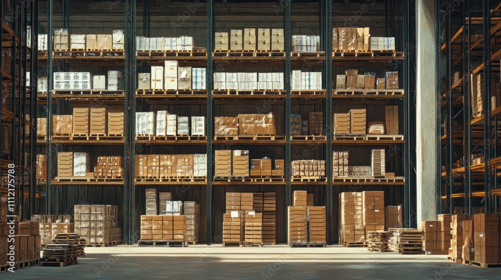 A modern warehouse interior rendered in vivid detail, showing boxes on wooden pallets arranged neatly on tall steel shelves A modern warehouse interior rendered in vivid detail, showing boxes on wooden pallets arranged neatly on tall steel shelves