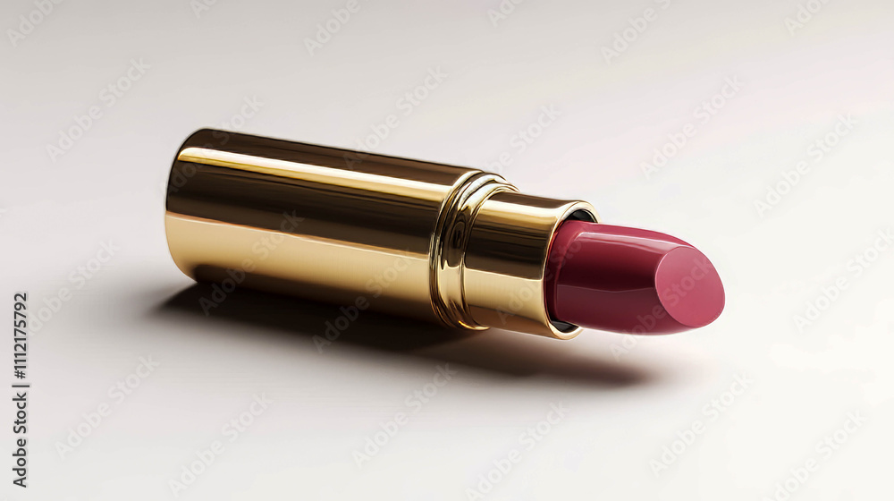 Lipstick in a gold case on a white background. The lipstick is partially unscrewed, the shade is visible — burgundy-red. Lipstick in a gold case on a white background. The lipstick is partially unscrewed, the shade is visible — burgundy-red.