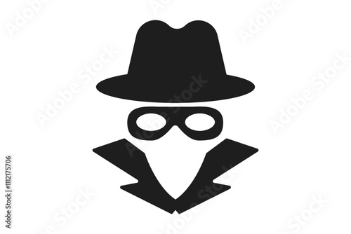 Incognito icon, mystery secret spy or detective silhouette, figure with hat glass or mask. Anonymous invisible character figure. 