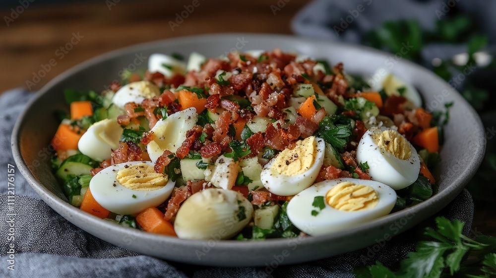 Colorful salad with bacon pieces, sliced eggs, and fresh vegetables Colorful salad with bacon pieces, sliced eggs, and fresh vegetables