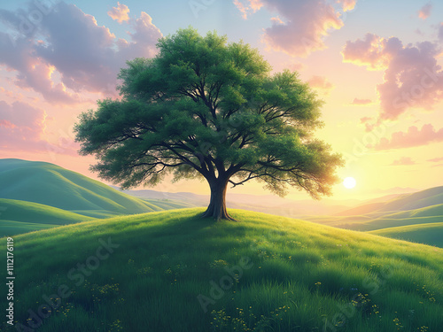 Generated illustration of one single large tree on the green field at sunrise, spring season.