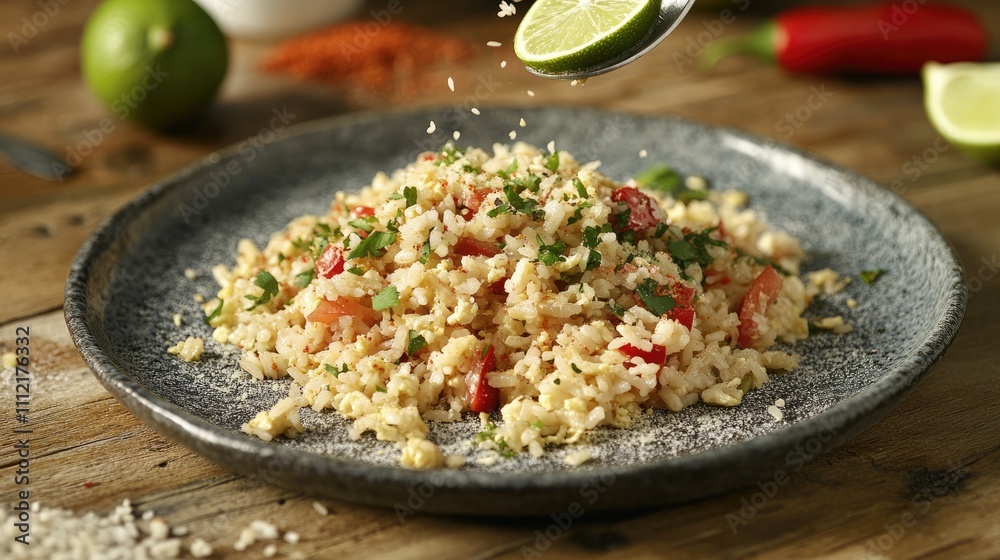 Fresh Lime Sprinkling Over Tasty Mexican-Style Rice Dish Fresh Lime Sprinkling Over Tasty Mexican-Style Rice Dish