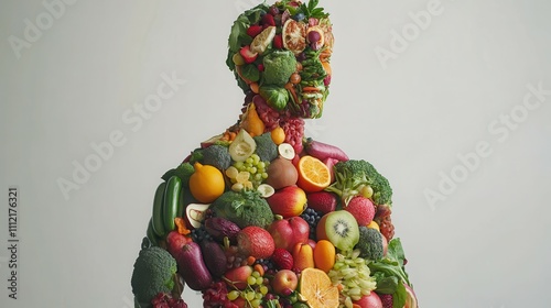 Human figure made of fruits and vegetables. Plant-based nutrition, veganism, healthy eating, sustainability, ethical consumption, vegetarian lifestyle, food as medicine concept.