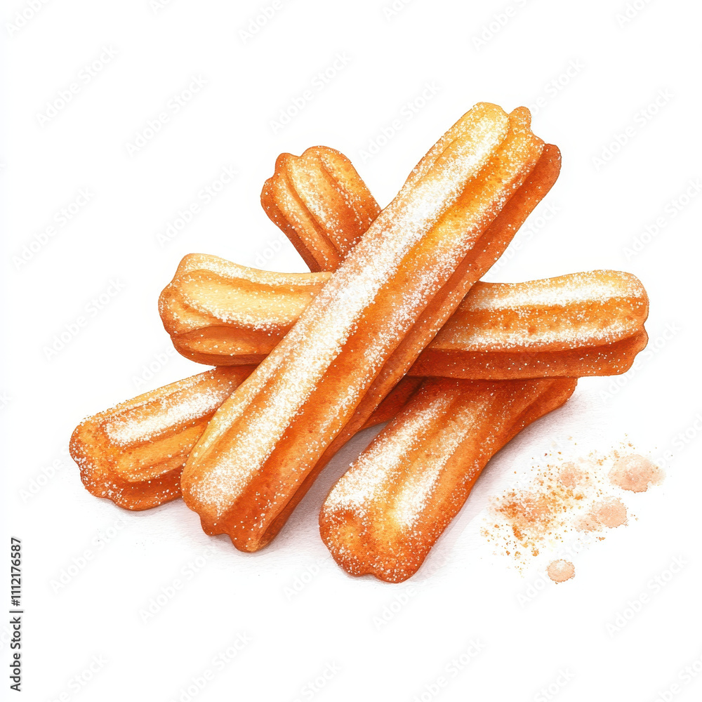 Crispy churros stacked together, dusted with sugar, showcasing delicious treat. Perfect for dessert lovers and delightful addition to any bakery illustration Crispy churros stacked together, dusted with sugar, showcasing delicious treat. Perfect for dessert lovers and delightful addition to any bakery illustration