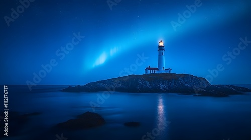 Stunning nighttime lighthouse scene coastal location scenic photography serene environment wide angle view maritime concept