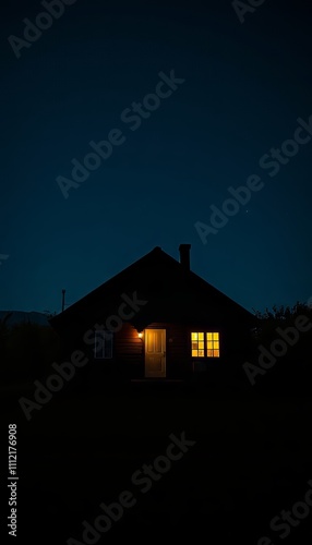 A cinematic photograph of a house in the light of night