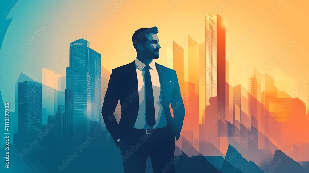 Businessman in suit overlooking modern city at sunset digital art urban environment inspirational concept Businessman in suit overlooking modern city at sunset digital art urban environment inspirational concept