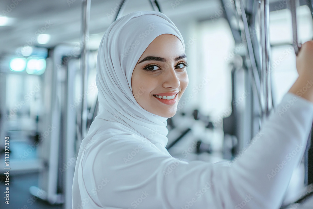 Happy beautiful hijab woman in white sportswear is focused on her gym workout Happy beautiful hijab woman in white sportswear is focused on her gym workout