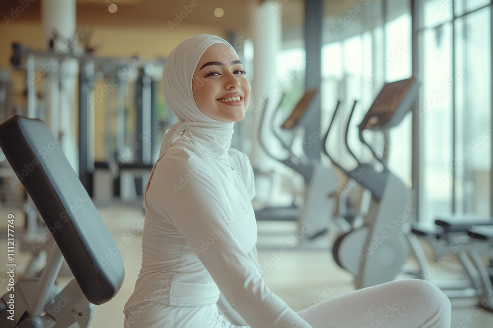 Happy beautiful hijab woman in white sportswear is focused on her gym workout Happy beautiful hijab woman in white sportswear is focused on her gym workout