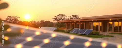 Solar panels reflecting sunlight at sunset near a sustainable building.