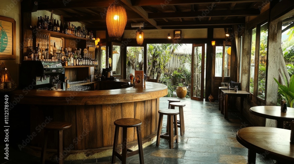 A stylish cafe with a rustic wooden round counter, warmly lit interiors, and decor emphasizing relaxation and charm A stylish cafe with a rustic wooden round counter, warmly lit interiors, and decor emphasizing relaxation and charm