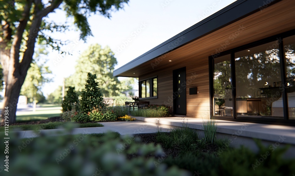Modern house exterior with landscaped garden and clear sky. Modern house exterior with landscaped garden and clear sky.