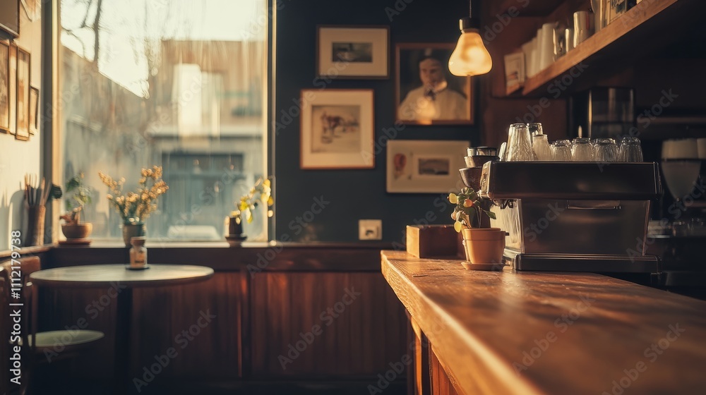 A trendy yet cozy cafe featuring an old wood corner counter, warm decor, and soft light creating an intimate atmosphere A trendy yet cozy cafe featuring an old wood corner counter, warm decor, and soft light creating an intimate atmosphere