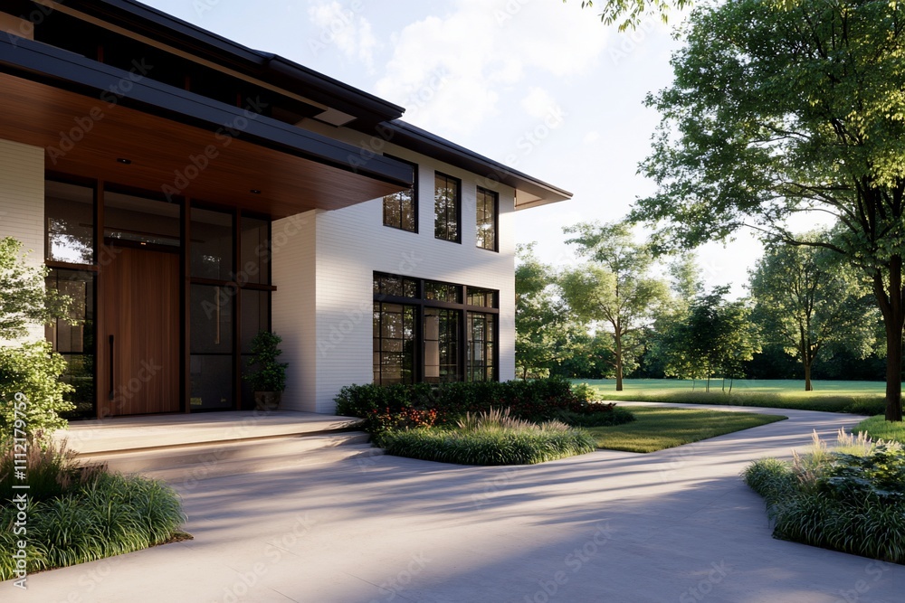 Modern house exterior with landscaped garden and pathway. Modern house exterior with landscaped garden and pathway.