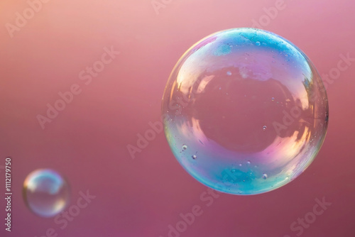 3D render holographic chrome Y2K element. Liquid chrome, shiny bubble is floating in the air above a pink background. The bubble is large and colorful, with a rainbow-like effect.